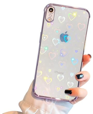 Ownest Kompatibel mit iPhone XR Hülle Glitzer Herz Muster mit Glitzerpapier Design für Frauen Mädchen Fashion Weiche Durchsichtige Schutzhülle TPU Handyhülle - Lila