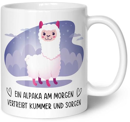 Bedruckte Tasse mit Spruch - Alpaka am Morgen - Lustige Geschenke - Geschenk für Mama Papa Freunde Geburtstag Valentinstag Weihnachten - für Männer & Frauen - für Sie & Ihn - Farbe: Weiß