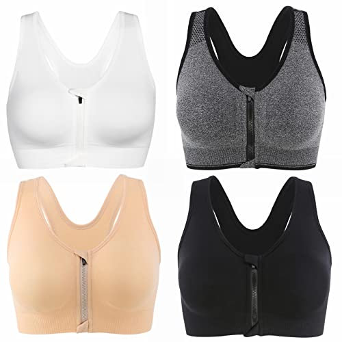 CLOUSPO Sports Bra Post Surgery Bra Zip Front Wireless with Removable Pads Yoga Bra for Workout Fitness(XXL,Black+White+Grey+Beige)