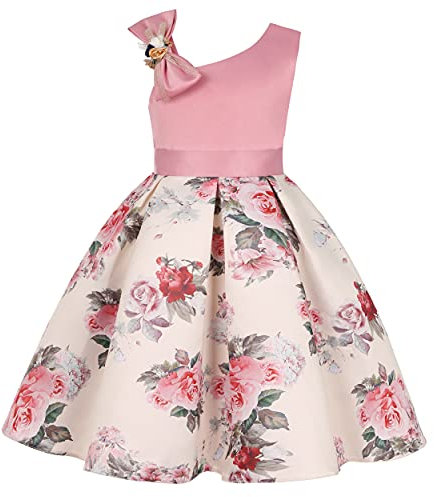 BUNNY LULU Mädchen Kleid mit schräger Schulter, Brautjungfer, Hochzeit, Prinzessin, Kinder, Schleife, Geburtstagsball, Party, Show, Abend, Lavendel.(Rosa,7-8 Jahre)