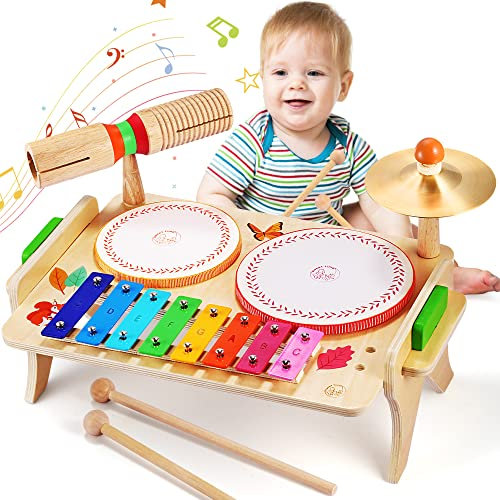 wingyz Kinder Trommel Set, Musikinstrumente Kinder Set Musik Kinderspielzeug mit Xylophon, Baby Spielzeug Musik Schlagzeug für Kleinkinder, Holz Spielzeug Baby Musikspielzeug für Jungen Mädchen