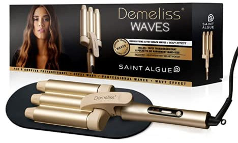 Demeliss WAVES Fer à Onduler Effet Wavy Professionnel - Revêtement Céramique Tourmaline - 10 Températures Réglables - Tous Types de Cheveux - Avec Tapis Thermorésistant - Pochette Transport