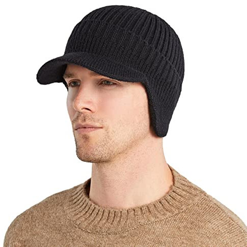 Moonyan Wintermütze mit Schirm,Warme Beanie-Mütze mit Doppelstrickbündchen - Warme Ohrenklappen-Mütze, gestrickte Ballonmütze, Wintermütze mit Visier für Männer im Freien
