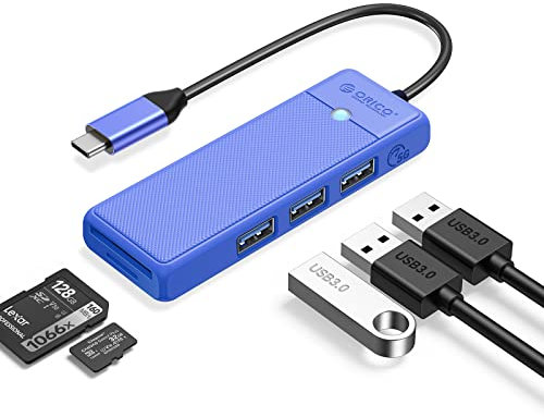 USB C Hub, ORICO USB Hub with SD/TF Card Reader, 3 USB 3.0 Ports,USB Splitter USB Expander for Laptop, Xbox, Flash Drive, HDD, Console, Printer, Camera,Keyborad, Mouse(0.15M,Blue)