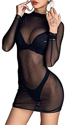 wlertcop Womens Sheer Mesh Swimsuit Cover Ups Women's Dress ,Sexy Black Dresses for Women Bikini Up Long Sleeve Summer Beachwear Translucent