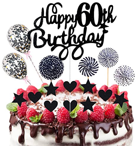 Neodtx Tortendeko Schwarz 60.Geburtstag männer Deko 17 Stk Black Happy Birthday Torte Für 60 Jahre Mann Mädchen Kuchen Glitzer Cake Topper Konfetti-Luftballons Papierfächer Party Deko