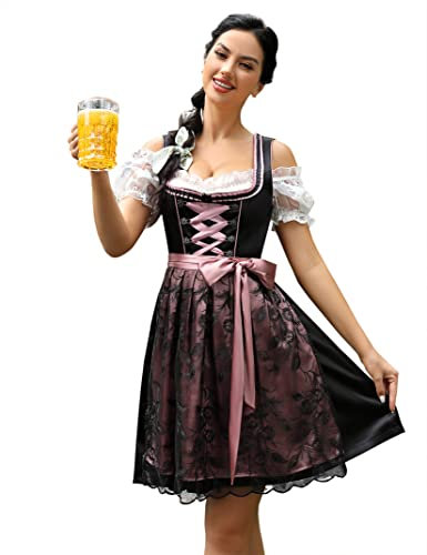 KOJOOIN Dirndl Damen Midi Trachtenkleid 3tlg.Trachtenmode inkl. Dirndlkleid,Dirndlbluse,Dirndlschürze für Oktoberfest Besondere Anlässe Schwarz(3tlg.) 40