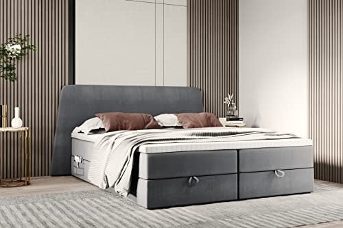 TRADA Ronda Boxspringbett mit Bettkästen und Bett-Tasche Modernes Kopfteil (Grau, 140 x 200)