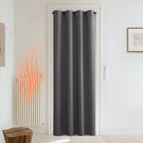 PONY DANCE Grey Door Curtain Blackout - 90 Inch Drop Front Door Curtain Ring Top Sounproof Themal Insulated Panel for Living Room, Bedroom, Kitchen, Nursery Room