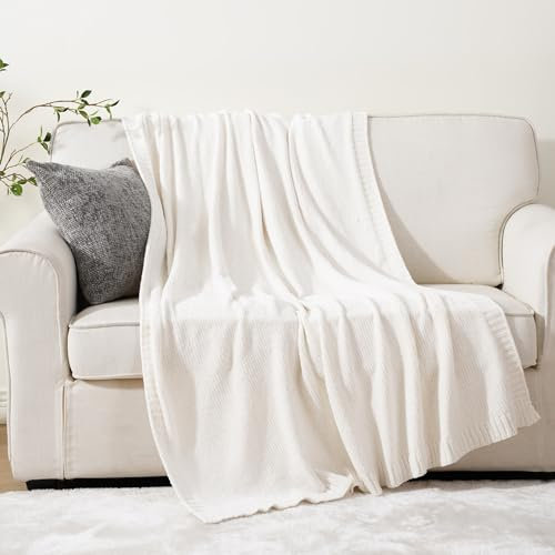 BATTILO HOME Cream Throw Blanket for Sofa Bed Couch Chair, White Chenille Knit Blanket, Soft Warm Cozy Decorative White Sofa Throw, Bed Blanket, 130x170cm