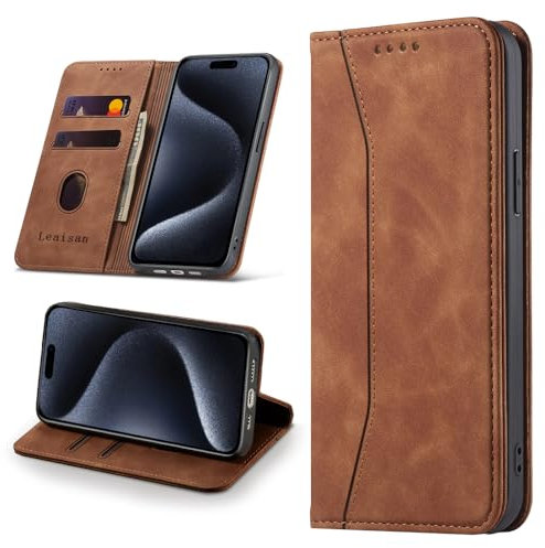 Leaisan Handyhülle für iPhone 15 Pro Hülle Premium Leder Flip Klappbare Stoßfeste Magnetische [Standfunktion] [Kartenfächern] Schutzhülle für iPhone 15 Pro 5G (6,1 Zoll) Tasche - Braun