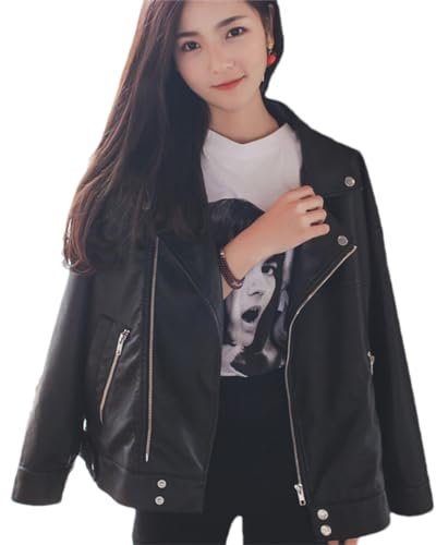 Kunstlederjacke Retro-Nieten-Bikerjacke Damen-Basic-Mantel Black XXL