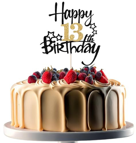 JEKUGOT 13th Birthday Cake Toppers, Black and Gold Glitter Cake Decorations, Happy 13th Birthday Cake Toppers for Boys and Girls Themed Party (1pcs)