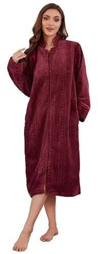 LYCY Damen Plüsch Reißverschluss Bademantel flauschig langer Fleece Morgenantel warm bequem Hausmantel mit Taschen
