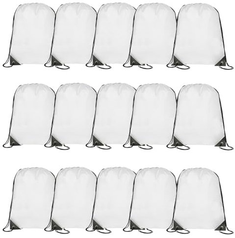 Playcrate Lot de 15 sacs à dos avec cordon de serrage – Sacs cadeaux de fête et sac de sport pour salle de sport, école, voyage, blanc, 43 x 34 cm