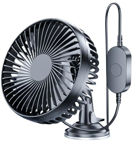 Demiawaking 12V 24V Ventilatore auto silenzioso, rotazione a 360 gradi, USB, 3 velocità, ventilatore auto con ventosa per auto, SUV, camion (03)