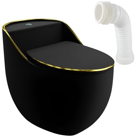 LAVITA Einteilige Stand-WC Mit Eingebautem Spülkasten SILIA RIM BLACK/GOLD LINE | Deckel Mit Absenkautomatik | Keramik Toilette Spülrandlos | Toilettenbecken Stehend + Anschlussstück