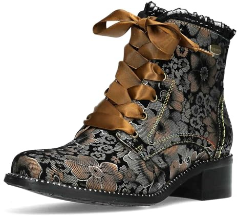 Laura Vita Damen Stiefelette Leder Blumenmuster Satinband Schnürsenkel Emcmao 45, Größe:39 EU, Farbe:Braun