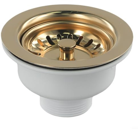 HEBEOT Escurridor de fregadero de acero inoxidable de 114 mm + PVC + PP con chapado en oro, colador de fregadero de cocina, para fregaderos de un solo tazón