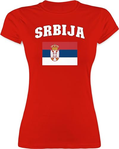 Shirt Damen - Fußball EM WM - Srbija Schriftzug mit Flagge | Serbien | Serbia | Republik Serbien | Republika Srbija | Республика Србија | Balkanstaat - L - Rot - fußballtrikot