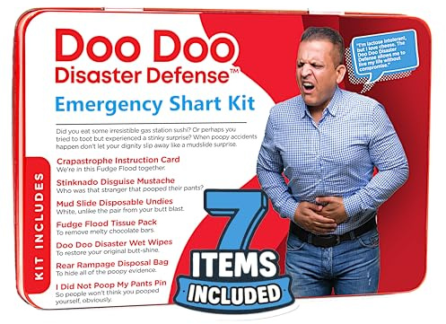 Emergency Shart Kit - 7 Items - Poop Prank Gift. Includes Wet Wipes, Disposable Underwear, Hilarious Badge, More. Stinky Novelty Accident Emergency Fart Joke for Dad, Husband, Family.