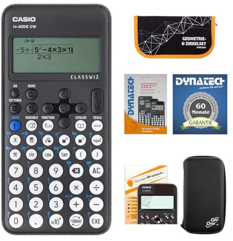 Casio FX-82 DE CW mit CalcCase-Schutztasche, Zirkelset orange,Folie,Buch,Garantie