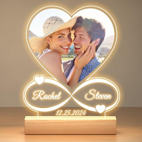 Personalised Photo Frame with Night Light, Custom Picture Frame with Photo, Customised Photo Frame, Personalised Christmas Anniversary Birthday Gifts for Women Men Him Her Girlfriend Boyfriend Couple