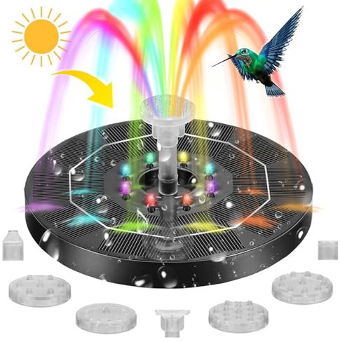 Fontana solare, COOPOY 2024, pannello in vetro al 100%, fontana solare da 3,5 W con luce colorata integrata 3000 batteria con 8 modalità di spruzzo e 4 tubi fissi per giardino, piscina, esterni,