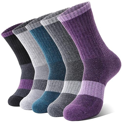 MOSEY KOSY Chaussettes en Laine Mérinos pour Femmes Chaussettes de Randonnée Thermiques et Respirantes pour Sport Trekking et Hiver 5 Paires