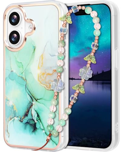 Kompatibel mit iPhone 16 Hülle 6,1 2024 Schutzhülle Glitzer Marmor Handyhülle 16 Case mit Handy Perlen Schlüsselband für Frauen und Mädchen Bling Glitter Grün Marble