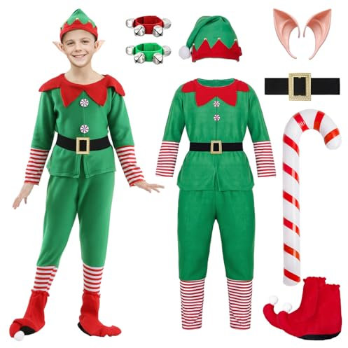 Weihnachtself Kostüm Damen Kinder Erwachsen, Weihnachten Kostüm Männer Elfenkostüm Wichtel Elfen Kostüm Elfenohren Elfenhut Glocke Weihnachten Party Cosplay (Kind-Junge, 130)