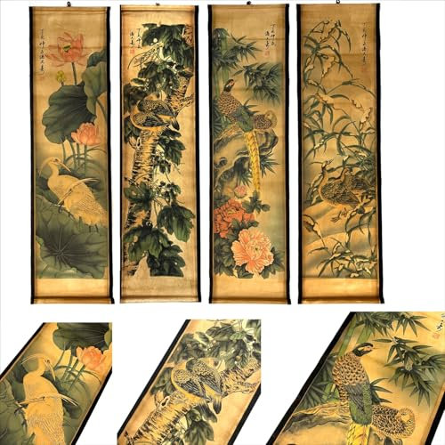 CIFIBIFUN Wandkunstdrucke, Poster, Gemälde, Pflanze, Blume, Vintage-Stil, 4 Paneele, alte Papierrolle, Heimwanddekoration (Super Old Aging Paper, B Plants Birds)