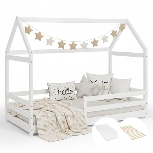 Homestyle4u Hausbett 80x160 cm Bodenbett mit Matratze & Lattenrost Weiß | Montessori Kinderbett aus Holz mit Rausfallschutz - Sicheres Juniorbett für Jungen & Mädchen - Stabiles Spielbett