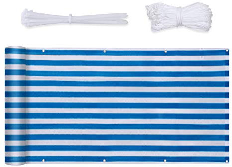Sekey Balkon Sichtschutz Balkonabdeckung HDPE 220 g/m², 75x300cm, Leicht Transparent Wind- und UV-Schutz Wetterfest, mit Ösen, Nylon Kabelbinder und Kordel, Blau-Weiß Gestreift