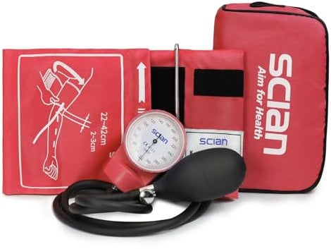 Scian Manuelle Blutdruckmessgerät – Aneroid Sphygmomanometer mit D-Ring, Universal-Manschette, 22-42 cm, Tragetasche für Krankenschwestern, Ärzte, Senioren, Erwachsene (Rot)