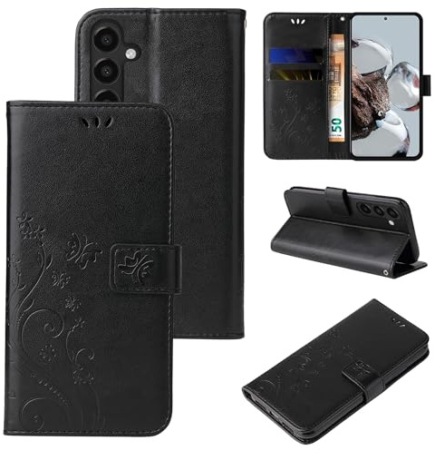LBH Handy Hülle für Samsung Galaxy A16 / A16 5G Case Handytasche Schmetterling Blumen Flower Standfunktion Schutzhülle Magnet Rundum Schutz 360 Grad Flipcase Cover Schwarz