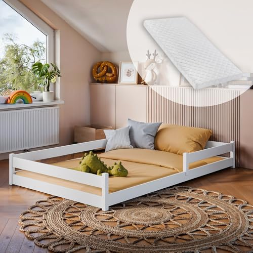 Kids Collective Kinderbett Bodenbett 120x200 cm mit Rausfallschutz & Lattenrost Montessori Bett Bed Gitterbett Kinder Jugendbett Einzelbett inklusive Matratze | weiß