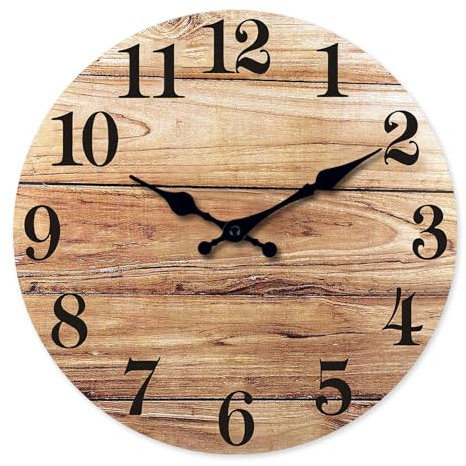 Brown Kitchen Wall Clocks Battery Operated 10 Inch Analog Wood Rustic Wall Clock Small Farmhouse Clocks for Walls (No Solid Wood, It is with MDF Material)