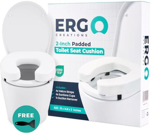 Ergo Creations® 2-Inch Padded Toilet Seat Riser Cushion for Elderly & Disabled, Adds 5.1 cm Height – Secure Fit with Velcro & Suction Cups – Post-Surgery Mobility Aid, Fits Standard Toilets