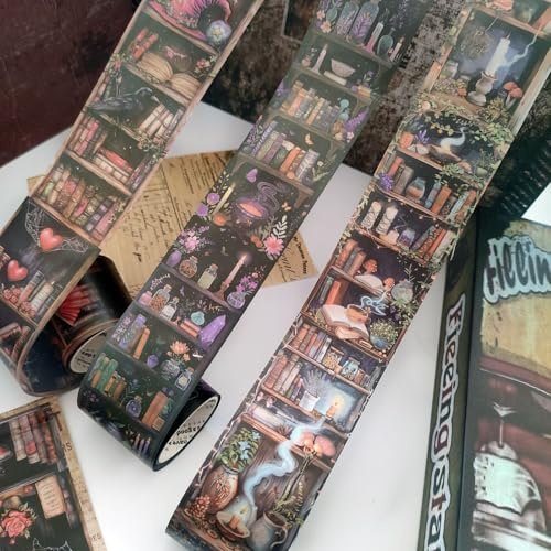 Kesari 3 Rolls Scrapbook Zubehör Washi Tape,Gotic Magic Reading Thema | Kesari PET Scrapbooking Stickers Decorative Für Bullet Journal Zubehör,Planners,Photo Album(Magic Bookshelf 1)