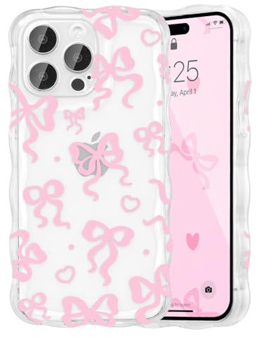 UEEBAI Bow Case for iPhone 12 Pro Max, Wavy Cute Ribbon Pretty Aesthetic Case Curly Stylish Soft Wave Clear Phone Shockproof Protective Pretty Cover for Women Girl - Pink