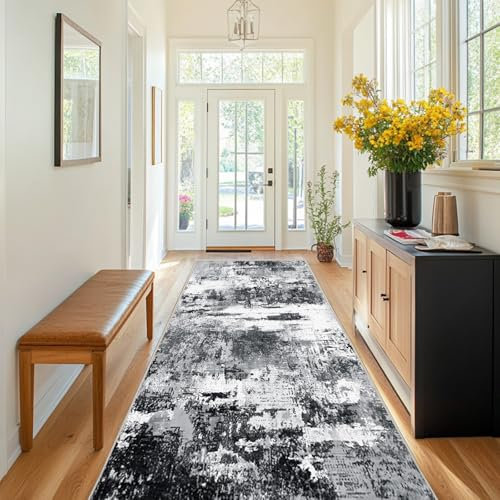 Chicnix Teppich Flur Küche 80x300, Teppich Läufer Waschbar Kurzflor rutschfest für Schmalen Gang, Moderner Abstraktem Malerei Teppiche für Eingangsbereich Schlafzimmer Dekor, Schwarz Weiß