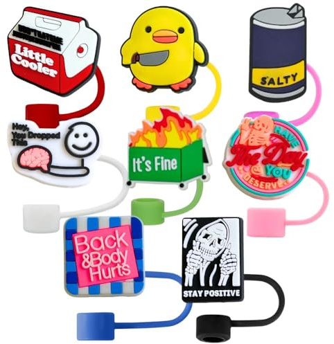 9PC Funny Straw Topper Fun Cute Kawaii Cup Cap Silicone Lid Cover for Meme Drinking Tumbler Decor Water Bottle Adult Men Women Nurse Medical Attachments Accessories Supplies Work Office Gifts