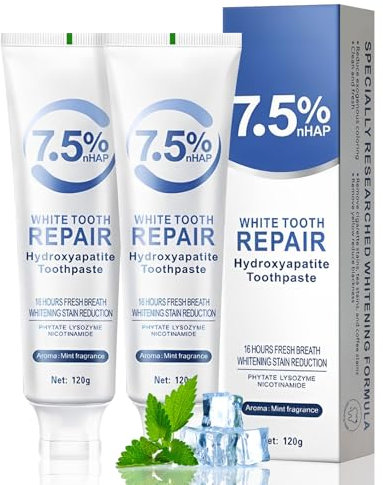 2pcs Hydroxyapatite Toothpaste UK,Hydroxyapatite Toothpaste 7.5 for Enamel Protection,Mint Flavor, Fluoride-Free Formula,Sensitivity Relief, Cavity Prevention, Fresh Breath,120g