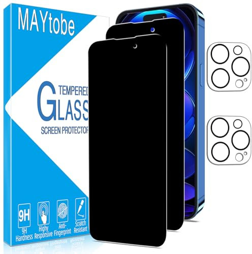 MAYtobe 2 Pack Privacy Screen Protector for iPhone 14 Pro Max with 2 Pack Camera Lens Protector, Anti Spy Tempered Glass, Case Friendly, Anti-Scratch, Ultra Resistant, No Bubbles