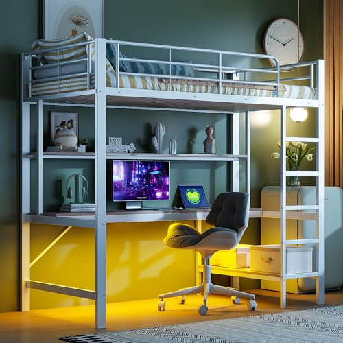Kinderbett Hochbett 90x200, Etagenbett Metallbett Jugendbett mit Schreibtisch&USB Ladestation&LED-Light&2 Regalen, Einzelbett Bettgestell Bettrahmen mit Rausfallschutz&Leiter, Ohne Matratze, Weiß