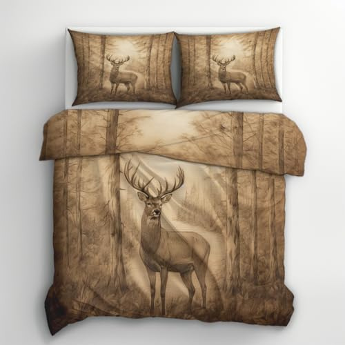 Generisch Bettwäsche 135x200 Hirsch Design, 2teilig - Rustikal Jagd Bettbezug und 1 Kissenbezug 80x80, Wendebettwäsche, Schlafzimmer Deko, Mikrofaser, mit Reißverschluss A&7S76