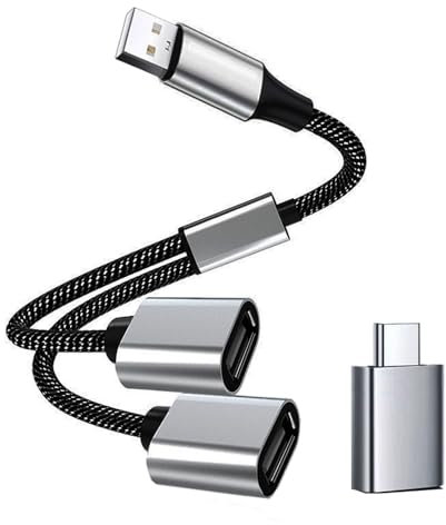 USB Splitter 1 en 2 Salidas, Adaptador USB Doble Entrada Hembra, Concentrador Extensor de Doble Puerto, Multi Hub, con Adaptador Tipo C, Compatible con Portátil, Tableta, PC, Automóvil, Xbox, PS5