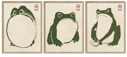ARTFAVES® Poster Set - Hoji Frogs Green - 3-teilige Bildercollage Wohnzimmer, Schlafzimmer - moderne Wandbilder Kunst, Frösche, Matsumoto Hoji - 30x40 cm - mit Rahmen Eiche