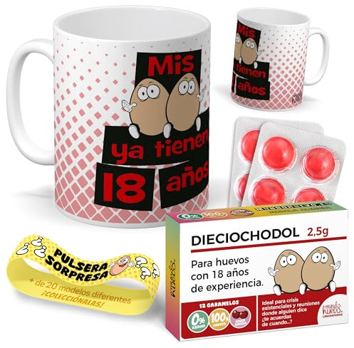 Kit regalo personalizado | Taza Mis huevos ya tienen 30 años + Caramelos divertidos + Pulsera sorpresa | Regalo divertido, original y único para 18 cumpleaños.